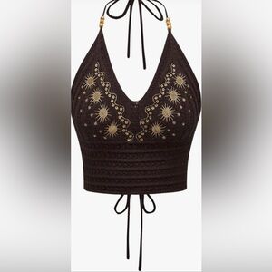 SHENHE Open Back Knitted Halter Crop Top Tie Backless Embroidered Hippie Top